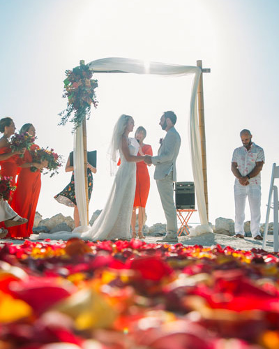 photo of a couple under a wedding arch with flower pedals on the ground.